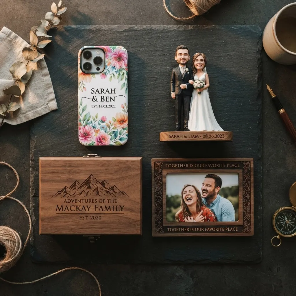 Collection of personalised printed and engraved products